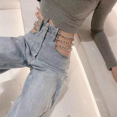 ✨ Fashion✨ Design Chain Hollow y High-Waist Womens Straight Loose Jeans Spring and Summer New Hot Girl Wide-Leg Pants Fashion