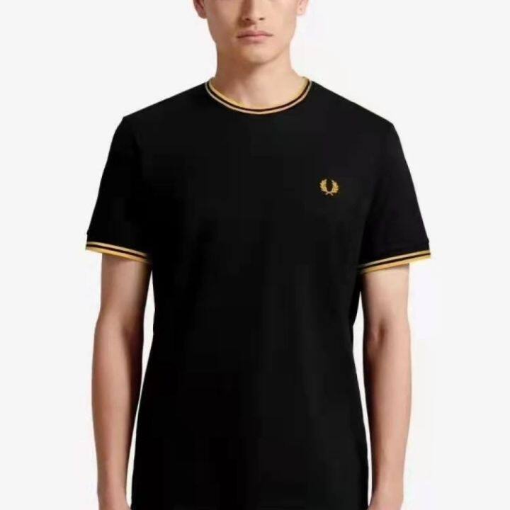 fred-perry-fred-perry-เสื้อยืดคอกลมมีหูข้าวสาลี-เสื้อยืดคอกลมมีปกลูกไม้ผ้าฝ้ายบริสุทธิ์เสื้อซับในแฟชั่นลำลอง