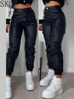 Pocket Design Cuffed PU Leather Pants New Street Trend Fashion Casual อเนกประสงค์ Workwear Bottoms