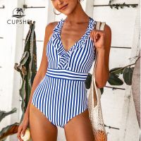 HOT★CUPSHE สีฟ้าสีขาว Striped Ruffled One-Piece ชุดว่ายน้ำเซ็กซี่ V-Neck Padded ผู้หญิง Monokini 2023หญิงชายหาดชุดว่ายน้ำชุดว่ายน้ำ