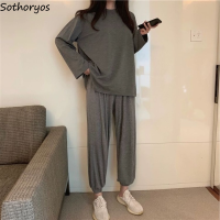 Women Gray Pajama Sets Short Sleeve Tops and Full Length Trousers Fashion Teens Sleepwear Home Lounge Wear Simple Korean Style