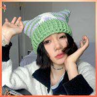 YESHE กันลม Jacquard ทำด้วยมือหมวกถักหวาน เส้นใยอะคริลิก อบอุ่นและอบอุ่น หมวกบีนนี่หูแมวน่ารักอบอุ่น ใช้งานได้จริง นุ่มและเป็นมิตรต่อผิว หมวกไหมพรมถักแฮนด์เมด