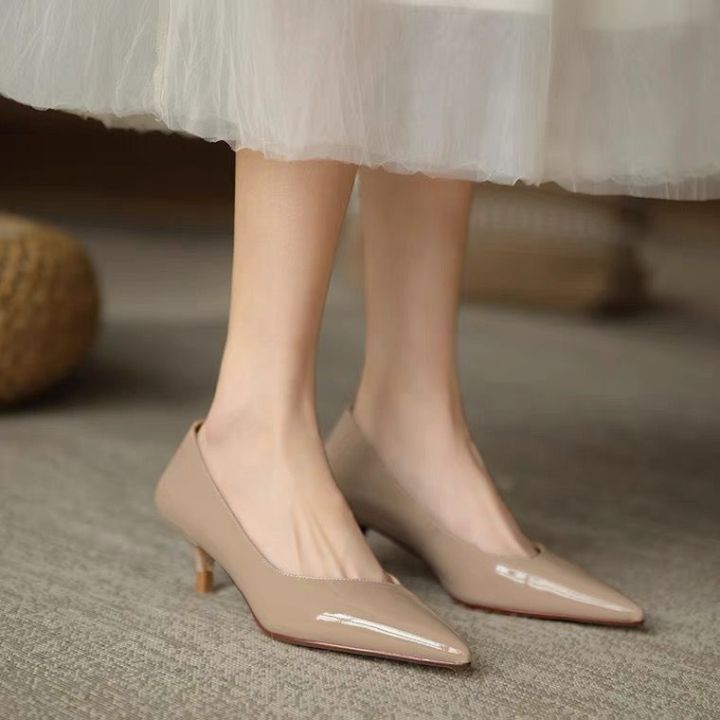 34-39รองเท้าหนังแก้วสำหรับผู้หญิง-รองเท้าส้นสูงหัวแหลมรองเท้าทำงานสำหรับมืออาชีพ
