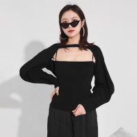 [EAM] Women Hollow Out Temperament Black T-shirt New Round Neck Long Lantern Sleeve Fashion Tide Spring Autumn 2022 1DC05901