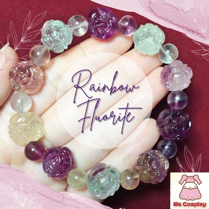 สร้อยข้อมือหิน เรนโบว์ฟลูออไรท์ Rainbow Fluorite แกะสลักรูปดอกกุหลาบ  กำไลหินนำโชค Casual Size ขนาด 13 มิล