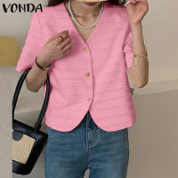 VONDA เสื้อทำงานคอวีมีกระดุมเสื้อสูทสีพื้นแฟชั่นผู้หญิงเสื้อลำลองเกาหลี