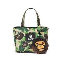 BAPE สะพายไหล่ข้างเดียวสีเขียวสำหรับผู้ชายกระเป๋าถือสองชิ้นกระดุมแบบกดติดถุงผ้าสำหรับชอปปิ้งกระเป๋าทรงกลมขนาดเล็ก