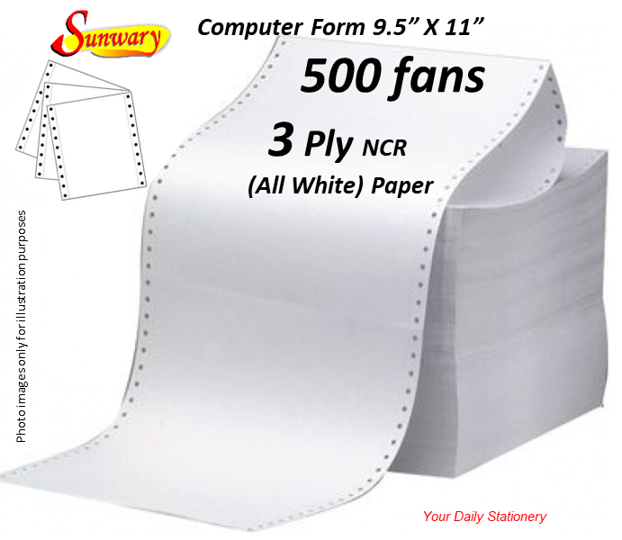 Computer Form 9.5" x 11" 3 Ply NCR Paper All White Paper ( 500 Fans