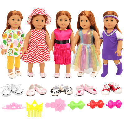 Barwa 12ชิ้นเสื้อผ้าตุ๊กตา18นิ้วทำมือ = 5ชุดเสื้อผ้า2คู่รองเท้า5อุปกรณ์เสริมสำหรับตุ๊กตา18นิ้ว