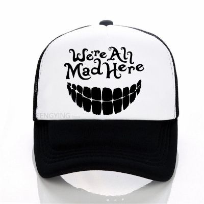 In stock Were All Mad Here Cheshire Cat Alice In Wonder baseball cap summer mesh trucker hats