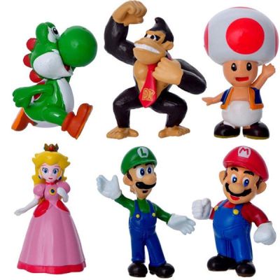 Marios Luigi Bros หุ่นซูเปอร์มาริโอเจ้าหญิงพีชโยชิคางคกลิง6ชิ้นทำจากพีวีซีตกแต่งเค้กฟิกเกอร์ขนาดเล็กตุ๊กตา