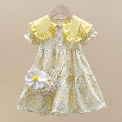 2PCS Summer Yellow Floral Child Little Girls Clothing Casual Midi Dress Bag Children Dresses For Teens Party Princess Sundress