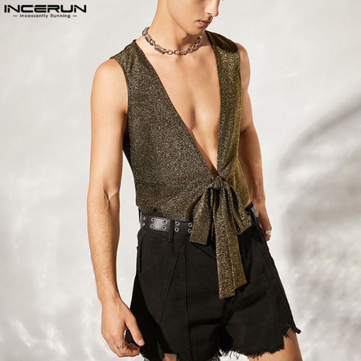 incerun-เสื้อกล้ามแขนกุดคอวีเคลือบเงาสำหรับผู้ชายเสื้อเบลาส์สำหรับปาร์ตี้ปาร์ตี้ฮิปฮอป-สไตล์ตะวันตก