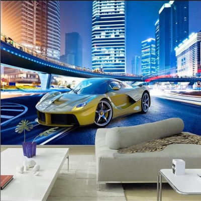 [hot]Cool Yellow Sports Car City Night Landscape 3D Wall Mural Wallpaper Modern Personality Restaurant Clubs KTV Bar Interior Decor