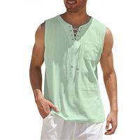 hot【DT】 Cotton Mens Sleeveless Color Lace-Up V-Neck Tees Shirts Male Streetwear