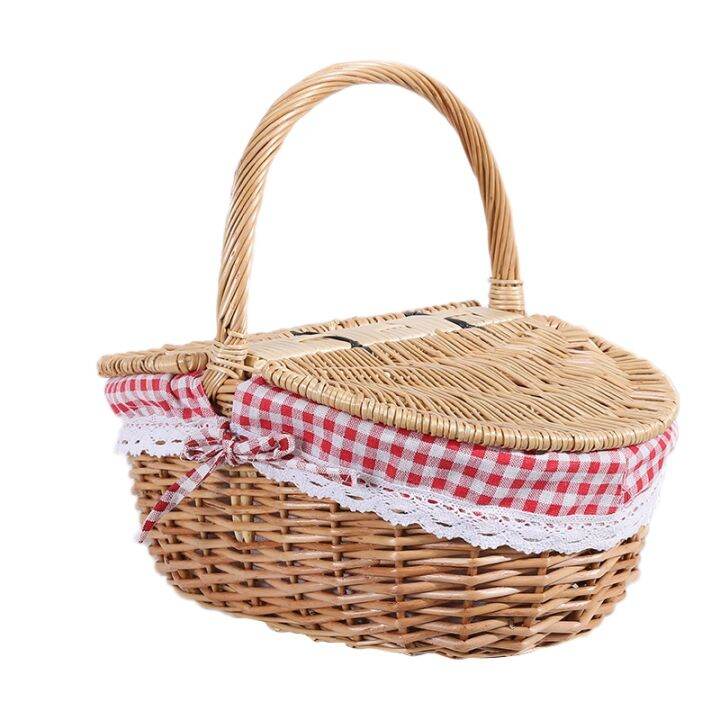 Country Style Wicker Picnic Basket Hamper with Lid and Handle & Liners
