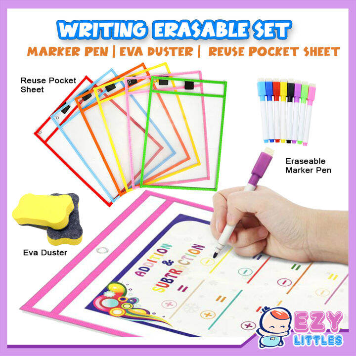 EZYLITTLES Whiteboard Marker Erasable Pen Reusable Dry Erase Pockets