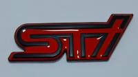 LOGO Subaru Sti  โลโก้ ซูบารุ เอสทีไอ สีดำแดง สีเงินแดง สติกเกอร์โลหะ ติดท้ายรถยนต์  ขนาด สูง 3 cm. ยาว 9 cm. สินค้ามารับประกัน