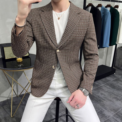 ฤดูใบไม้ผลิใหม่สไตล์อังกฤษ Slim Fit ลายสก๊อต Blazer ผู้ชาย2022แฟชั่นธุรกิจเสื้อสูทลำลองงานแต่งงานอย่างเป็นทางการ Blazer Homme