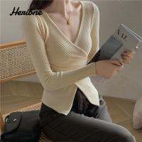 Herione Cross V Neck เสื้อกันหนาวไม่สมมาตรสำหรับผู้หญิงแขนยาวฤดูหนาวสีทึบฤดูใบไม้ร่วงพร้อมเสื้อชั้นใน501b141