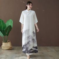 2020 Chinese Style Dress Cheongsam Collar Shirt Vestido WomenS Summer Sundress Female Robe Vintage Femme Print Maxi Dress 11176