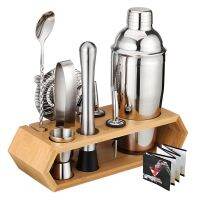 10 Pcs Cocktail Shaker Set Jigger Mixing Spoon Tong Barware Bartender Tools with Wood Storage Stand Bars Mixed Drinks