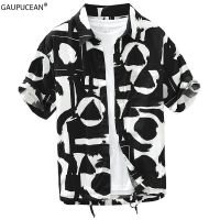 100% Lyocell Vezel Anti-Pilling Man Zomer Casual Streetshirt Geometrische Korte Mouw Kleding Turn Down Kraag Blauw Mannen เสื้อ