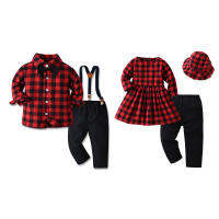 2021Christmas Childrens Clothing Baby Boys Long-sleeved Plaid Shirt Overalls Girls Cute Pastoral Dress Leggings Multi-piece Suit