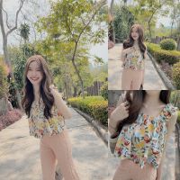 SLYQ TROPICAL CHIFFON SINGLET TOP เสื้อสายเดี่ยวระบายผ้าชีฟองพิมพ์ลาย