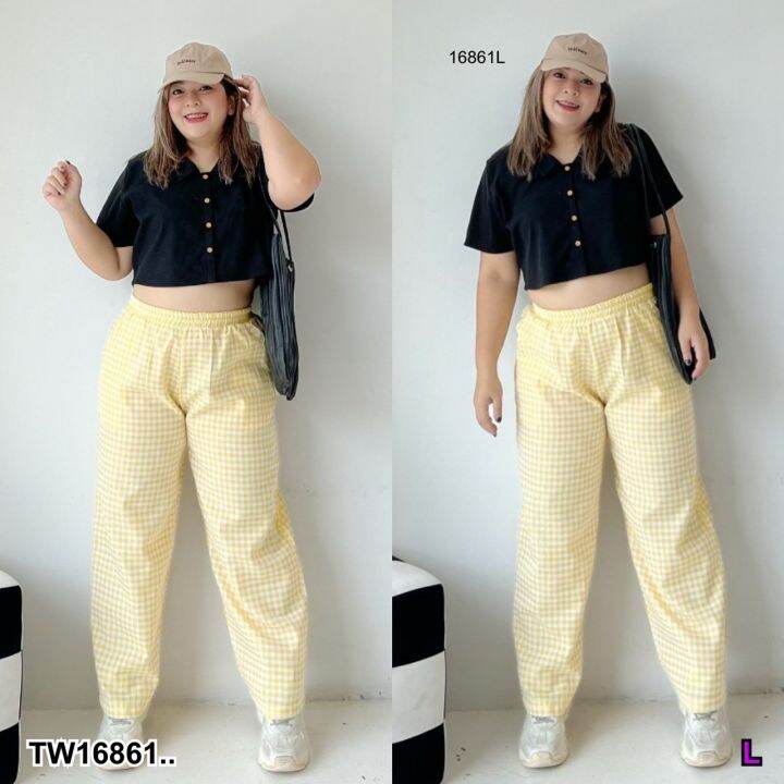 tw16861-เซท-2-ชิ้น-bigsize-เสื้อปกเชิ้ทครอป-กางเกงขายาว