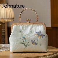 Johnature Silk Embroidered Metal Buckle Antique Bag 2022 New Lady Cheongsam Handbag Versatile Floral Women Shoulder Bags Haberdashery