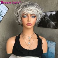 Short Mixed Grey Synthetic Natural Wave Wig With Bangs For Women Heat Resistant Fiber Fake Hair Cosplay Mommy Wigs Dream ices Wig  Hair Extensions Pa