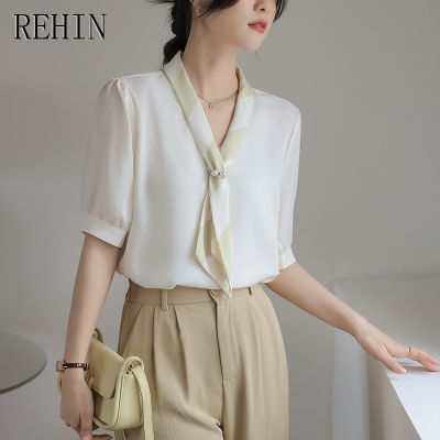 REHIN เสื้อผู้หญิงคอวีแขนสั้นสีขาวเสื้อซาตินเสื้อมืออาชีพการออกแบบที่ไม่เหมือนใครสัมผัสเสื้อฤดูร้อน