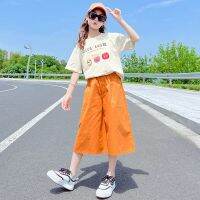 Girls Summer Set 2023 New Baby Cartoon T-shirt + Wide-leg Pants 2pc Set Big Child Short-sleeved Suit Teenager Streetwear