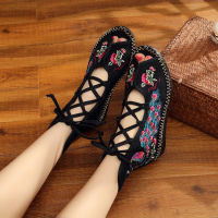 Veowalk Peacock Embroidered Women Peep Toe Gladiator Canvas Sandals Chinese Handmade Lace Up Ladies Summer Fabric Flat Shoes