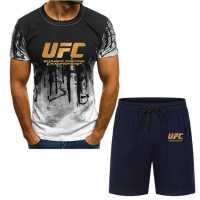 New MMA Boxing 2 Pieces Men Sets Male Men Clothing Sportswear Set Fitness Summer Print Men Shorts T shirt Mens Suit