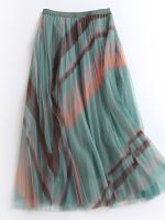 【CC】 TIGENA Tulle Skirt 2022 Korean Fashion Striped Printed A Waist Pleated Female