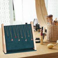 Wooden Necklace Holder Pendant Organizer Jewelry Display for Countertop with Dark Green Velvet