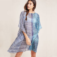 2023 Oversize เสื้อคลุมบิกินี่ Up การพิมพ์ชีฟอง Beach Tunic Mini Dress ผู้หญิงฤดูร้อน Holiday Stripe ชุดว่ายน้ำ