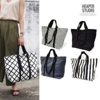 HEAPER IKKI กระเป๋าผ้าแคนวาส ขาวดำ สายสั้นยาว large tote bag