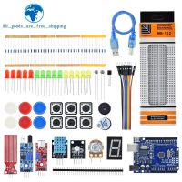 ชุดเริ่มต้นสําหรับ Arduino Uno R3 เขียงหั่นขนมชุดการเรียนรู้ขั้นพื้นฐานที่เรียบง่าย การตรวจจับระดับเสียง / ระดับน้ํา / ความชื้น / ระยะทาง การควบคุม LED