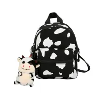 Mini Canvas Daypack กระเป๋าเป้สะพายหลังพิมพ์ลายวัวพร้อมจี้กำมะหยี่สำหรับผู้หญิงสาวๆช้อปปิ้งท่องเที่ยวกลางแจ้ง