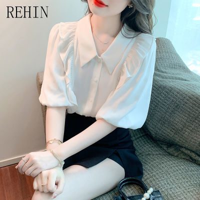 REHIN เสื้อผู้หญิงแขนสั้นมีระบายสไตล์ฝรั่งเศส,เสื้อแขนสั้นเสื้อผู้หญิงผ้าชีฟองมีแขนพองหรูหรามาใหม่ฤดูร้อน