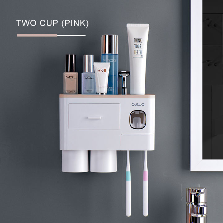 2021Magnetic Adsorption Inverted Toothbrush Holder Automatic Toothpaste Dispenser With Cup Toothpaste Bathroom Accessories Set