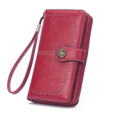 Long Purse Women 2023 New Retro Oil Wax Hollowed Out Wallet Korean Version Large Capacity Mobile Phone Bag