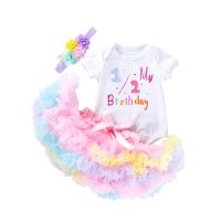 Infant Baby Girl Birthday Clothes Set, Short Sleeve Letter Print Romper + Colorful Tulle Frill Skirt + Flower Headband  by Hs2023