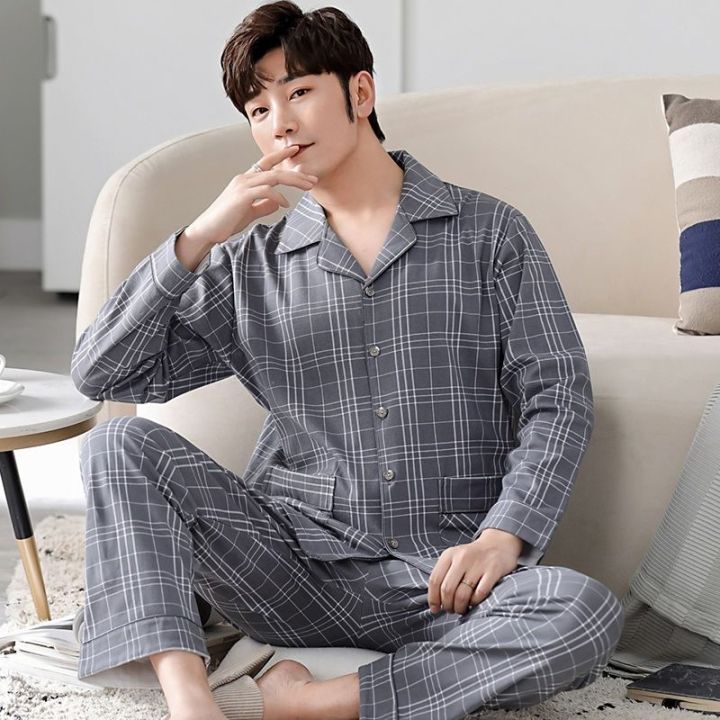 muji-high-quality-pajamas-mens-summer-day-pure-cotton-long-sleeved-mens-spring-autumn-winter-thickened-teenagers-can-wear-home-clothes-set