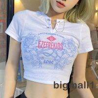 BIGMALL-Women´s Rib Knit Crop Tops, Safety Pin Notched Neck Short Sleeve Rose Print T-Shirts