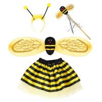 4PcsSet Kid Fairy Costume Set Ladybird Bee Glitter Cute Wing Striped Layered Tutu Skirt Wand Headband Dress Up Halloween Outfit