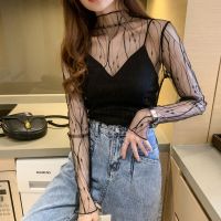 【Feb】 Women Sexy Transparent Mesh Blouses Full Sleeve Shirts Female Solid Elegant Lace Tops Undershirts Size M-3XL